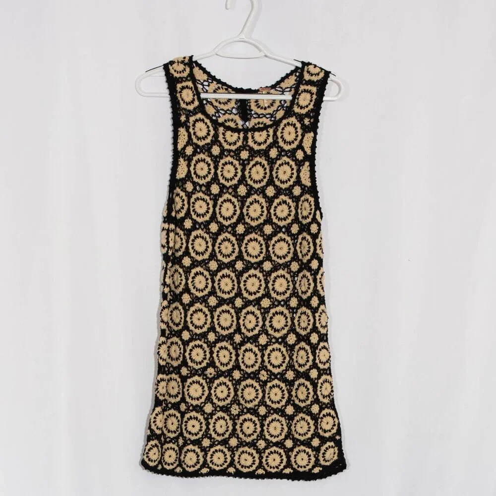 FREE PEOPLE Black & Beige Crochet Delilah Shift Dress Size M - Picture 7 of 14